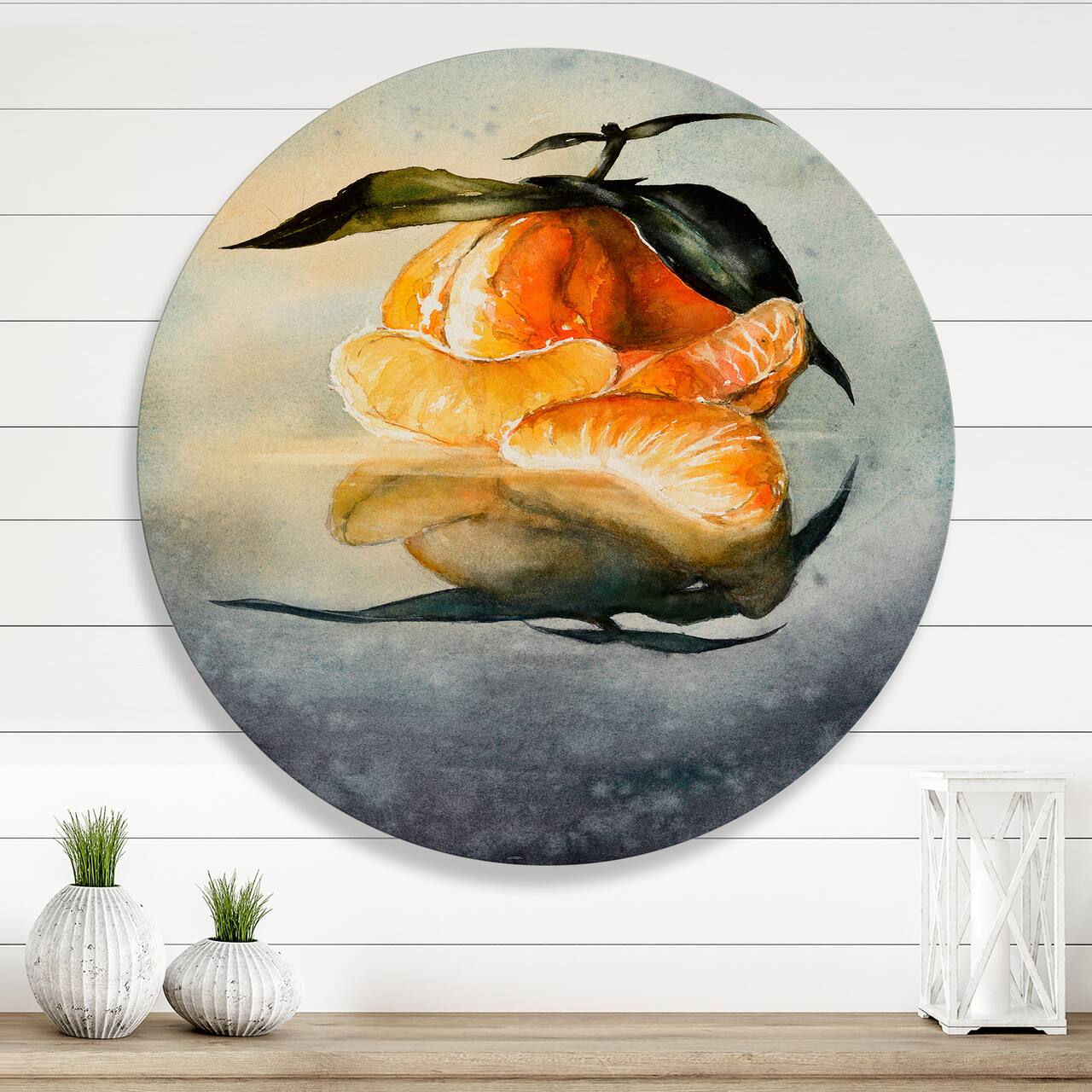 Designart - One Peeled Fresh Orange Mandarin With Green Leaves - Traditional Metal Circle Wall Art